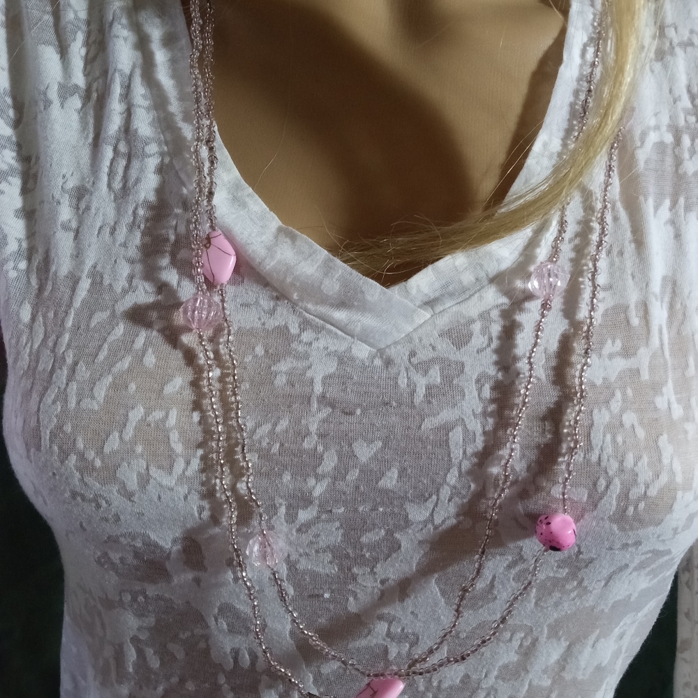 74" pink and clear beaded necklace